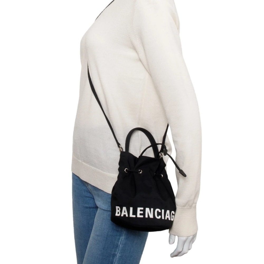 Balenciaga 2023 Nylon Logo Embroidered Wheel Drawstring XS Bucket Bag